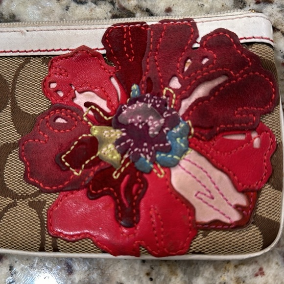 Coach Brown on Brown Logo Wristlet with Suede Flowers - Picture 2 of 5